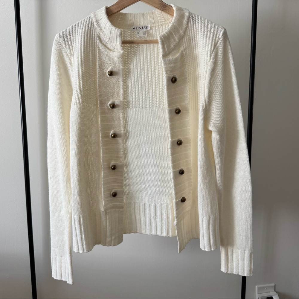 Venus Ivory Knit Cardigan Sweater with Brass Snap Buttons -Small- NWOT